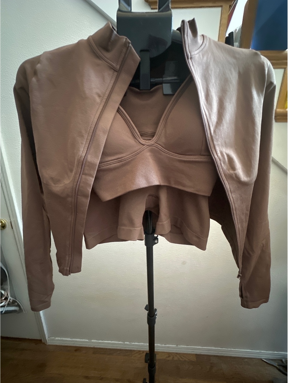 Women's Brown Three-Piece Activewear Set with Jacket, Sports Bra, and High-Waist